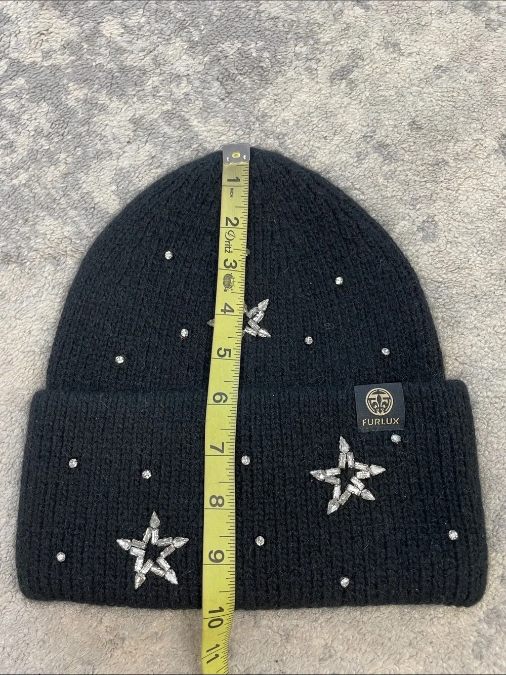 NWT Furlux C2391 Black Crystal Star Angora Nylon Knit Beanie Ski Hat